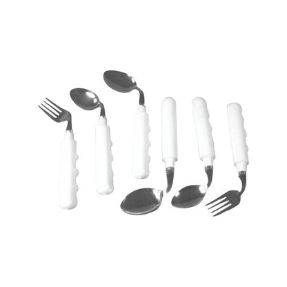 Grip-Tight Straight Utensils with white handles, including bent spoons and forks, designed for easy gripping.