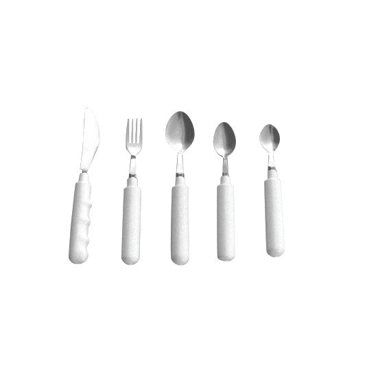Five Grip-Tight Straight Utensils are shown: a knife, fork, tablespoon, teaspoon, and dessert spoon, all with white handles.