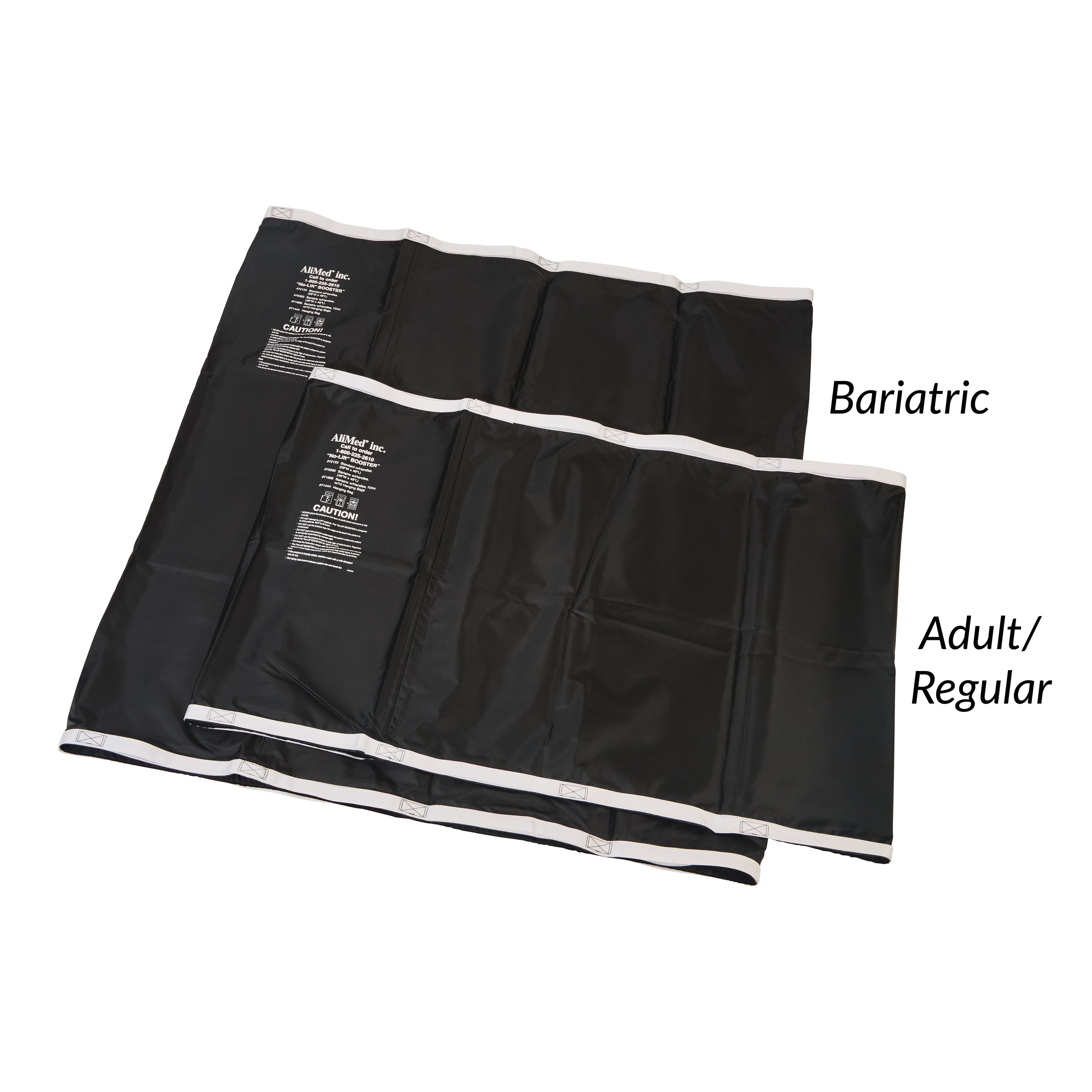 Two AliMed No-Lift BOOSTER mats are shown, labeled "Bariatric" and "Adult/Regular," with a black surface and white edges.