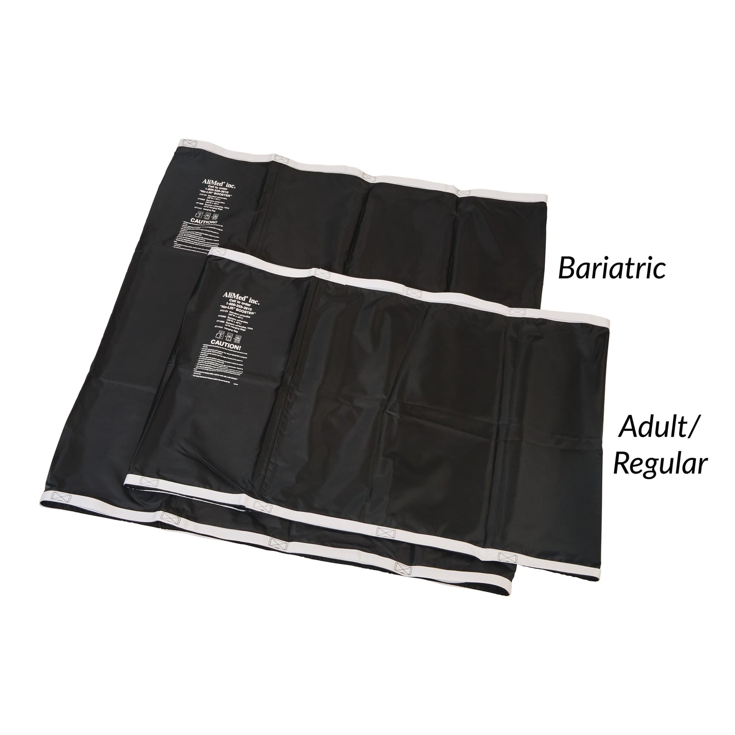 Two AliMed No-Lift BOOSTER mats are shown, labeled "Bariatric" and "Adult/Regular," with a black surface and white edges.