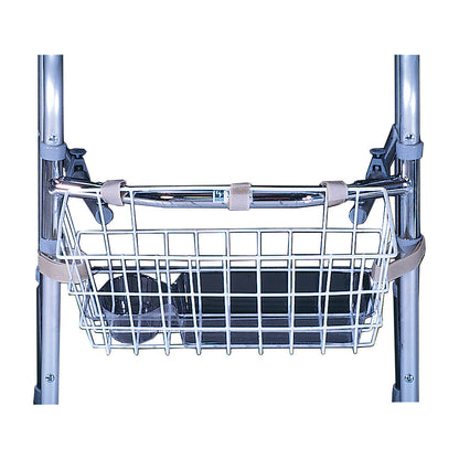 The AliMed Walker Basket, a metal grid basket attached to a walker, with straps and a dark tray inside.