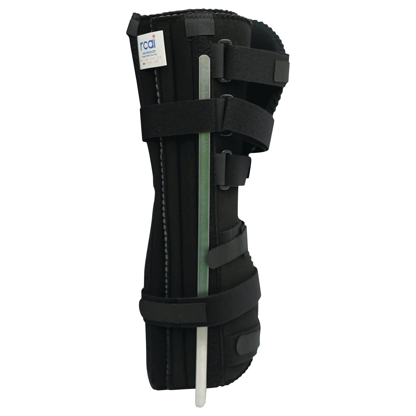 An RCAI Knee Immobilizer, a black brace with adjustable straps and a metal support on the side.
