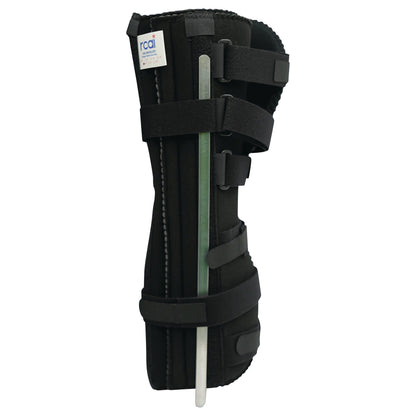 An RCAI Knee Immobilizer, a black brace with adjustable straps and a metal support on the side.