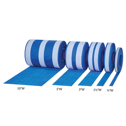 Five rolls of AliMed AliStrap Positioning Strap in blue are shown in varying widths: 10", 5", 3", 1.5", and 0.75".