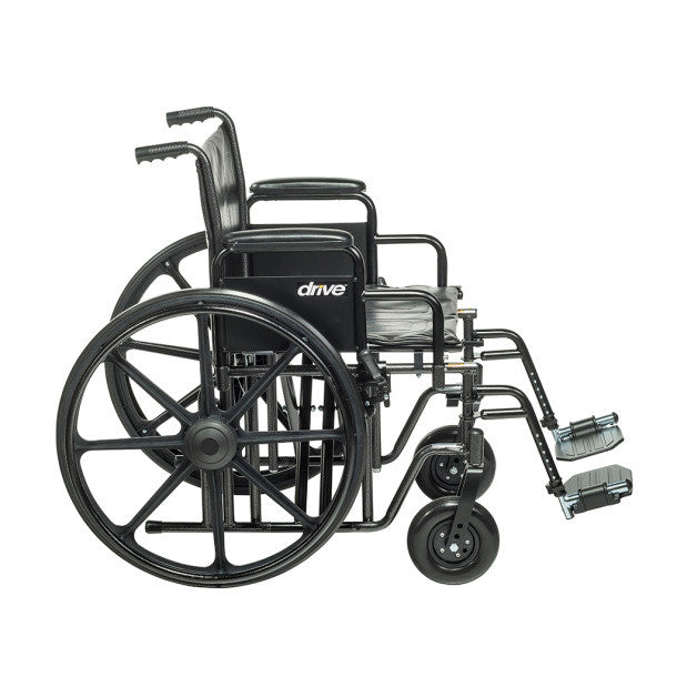 Drive Medical Sentra EC Heavy-Duty Wheelchair with Removable Desk Arms and Swing-Away Footrests, featuring a sturdy black frame.