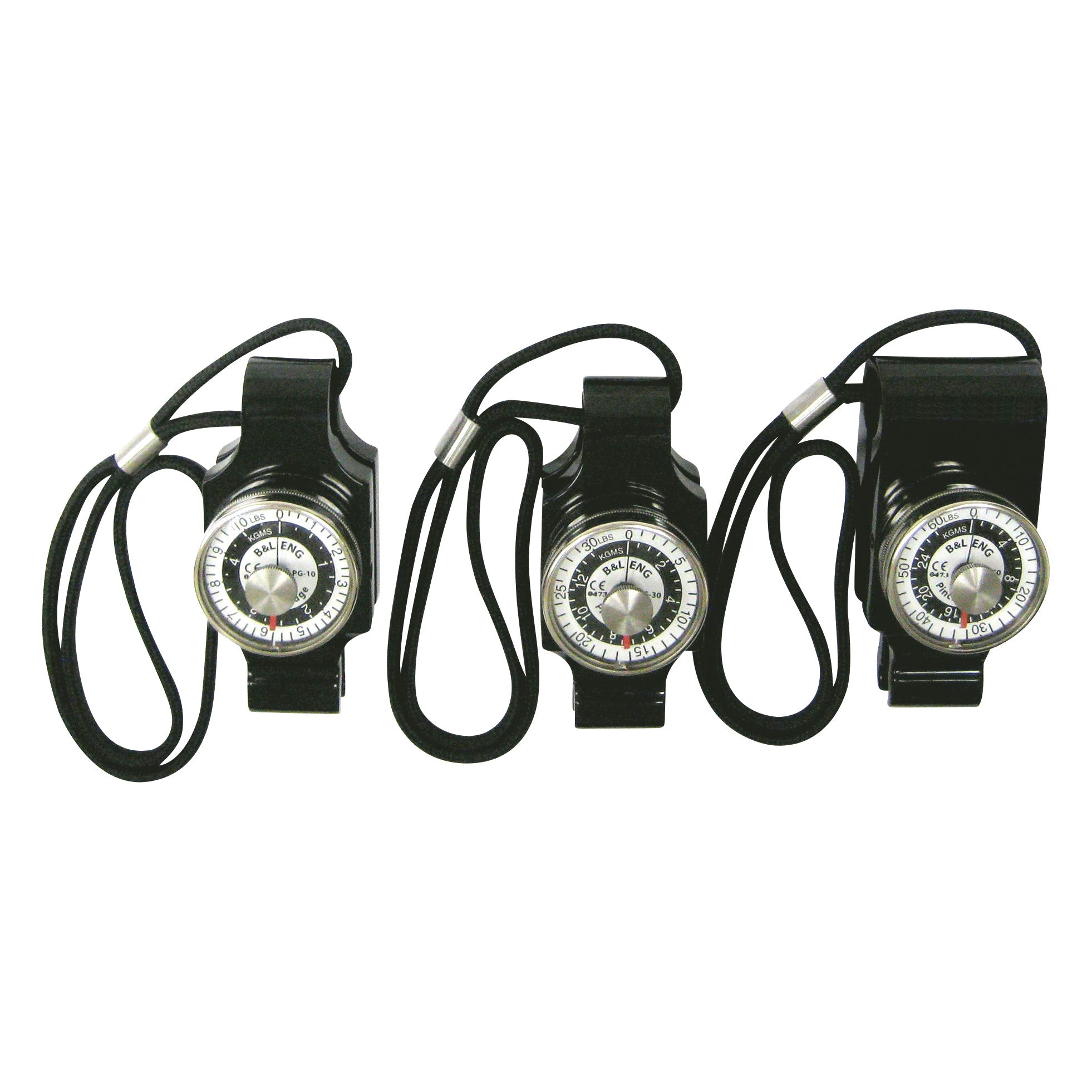 Three B&L Engineering Pinch Gauges with black cords, featuring circular dials displaying measurements.