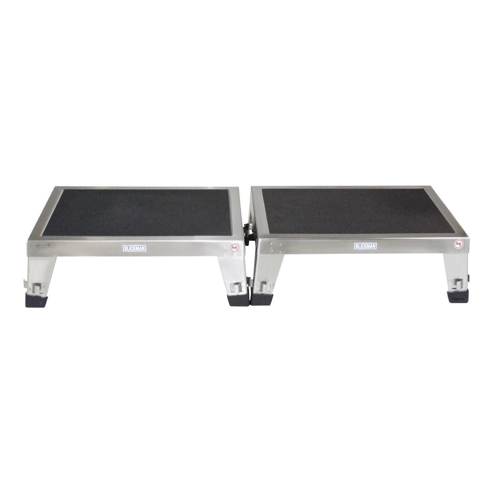 Two connected Blickman EZ Stacking Stools with non-slip surfaces and metal frames, designed for medical or laboratory use.