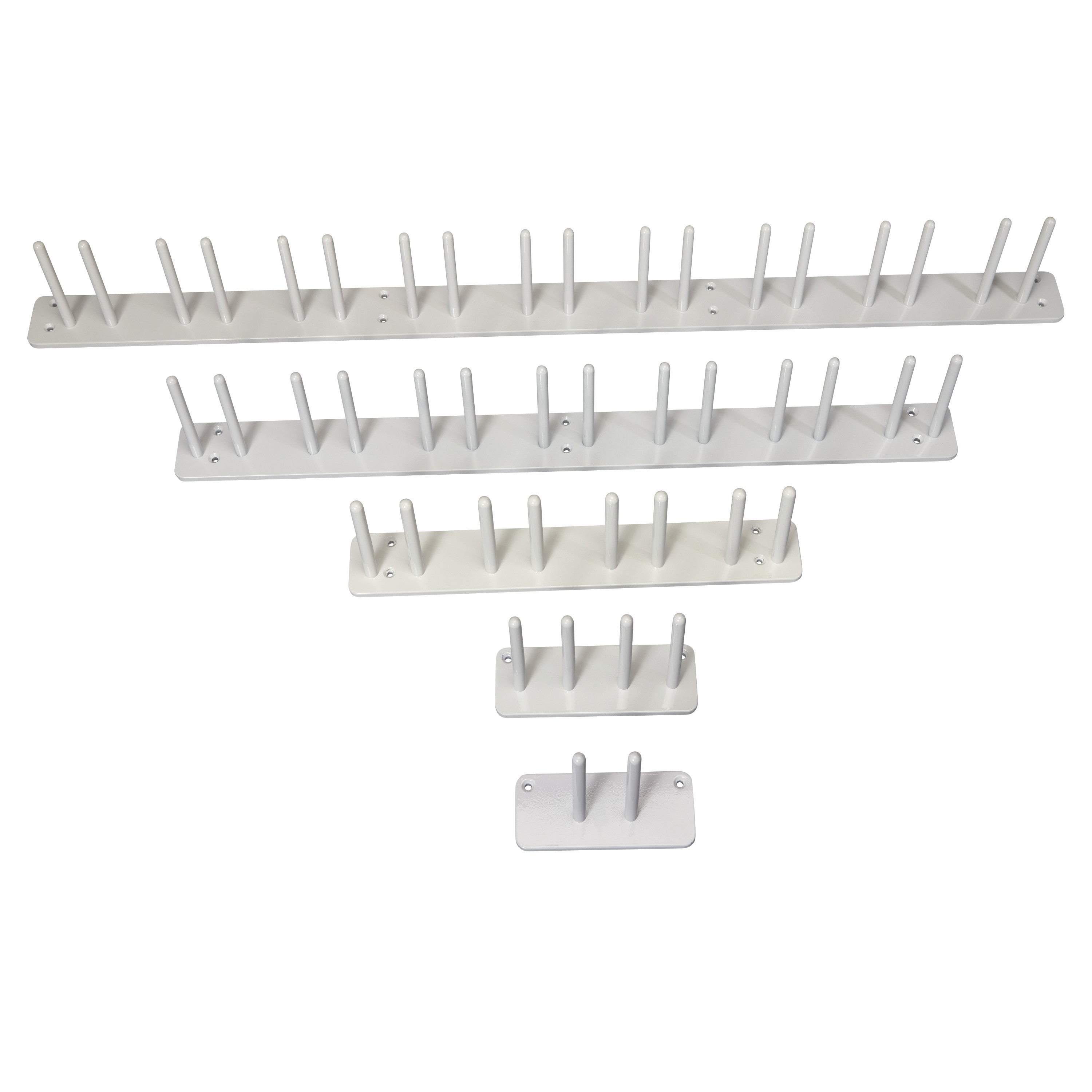 Five sizes of AliMed Wall Apron Rack in white, featuring pegs for hanging and wall-mounting holes.