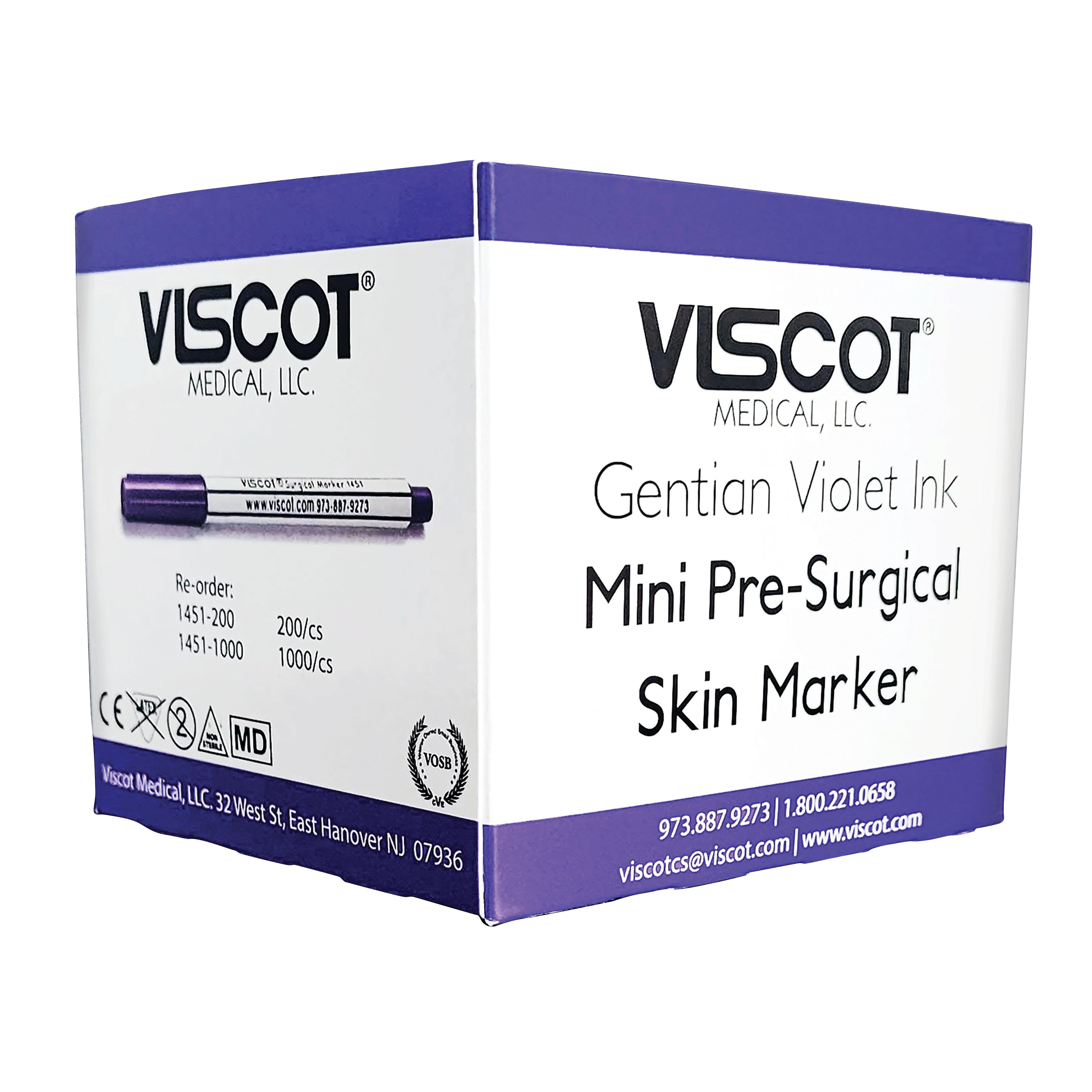 Box of Viscot Mini Pre-Surgical Skin Marker with Gentian Violet Ink. Includes contact info and reorder details.