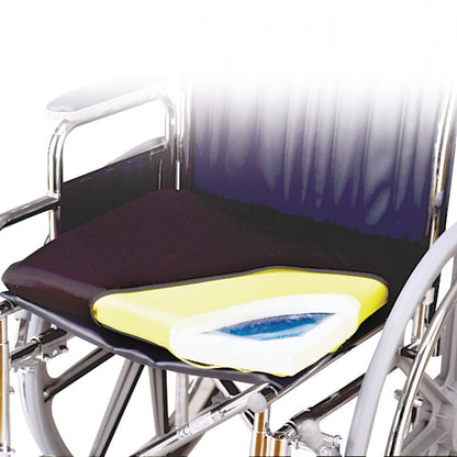 A SkiL-Care Econo-Gel Wheelchair Cushion with layered foam and gel interior, positioned on a wheelchair seat.