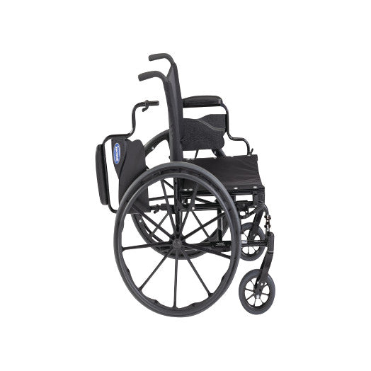 Invacare 9000XT Wheelchair with Adjustable Desk Arms and Swing-Away Footrests; shown in profile with black frame and seat.