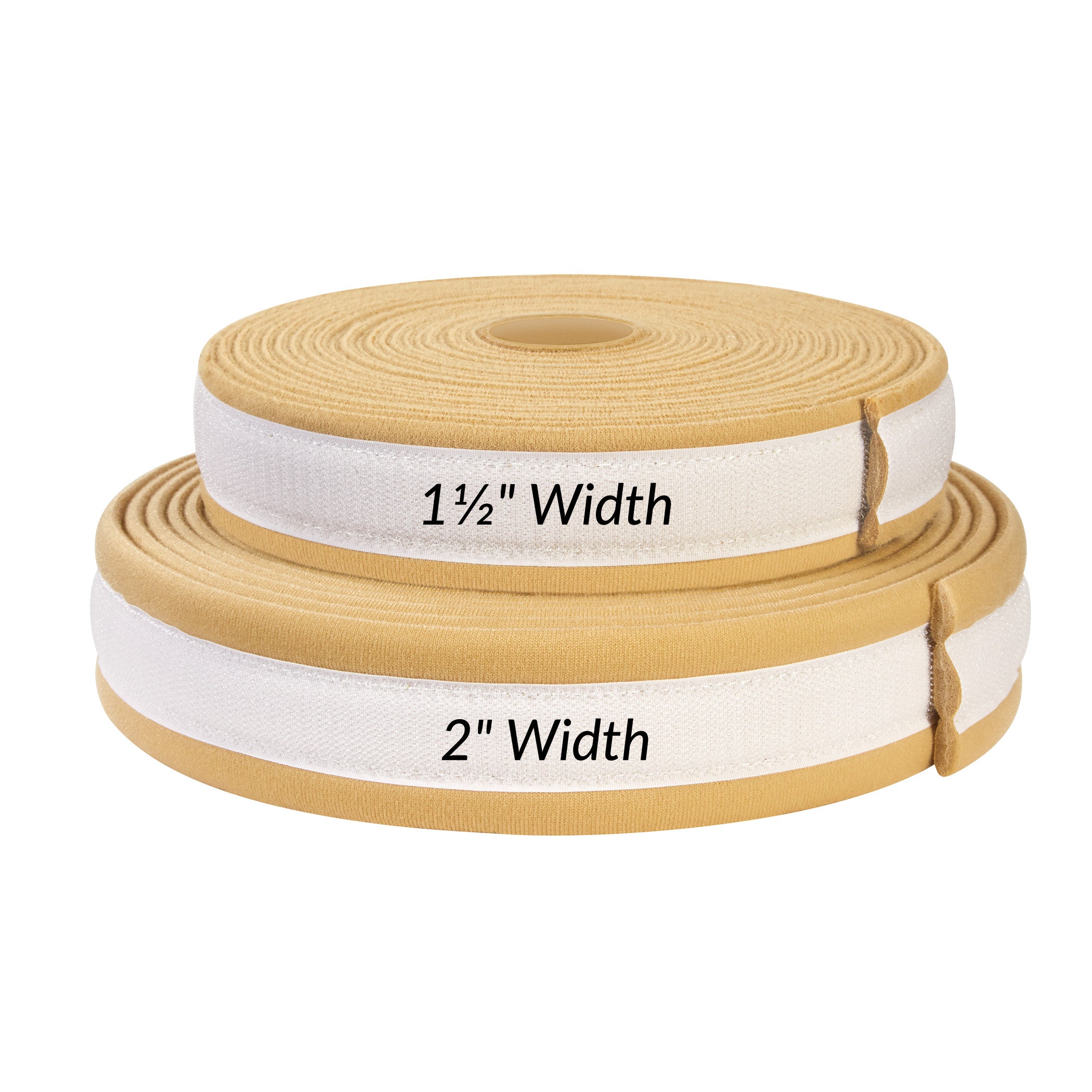 Two rolls of AliMed AliStrap Soft Positioning Strap, measuring 1.5" and 2" in width, made from beige material with white accents.