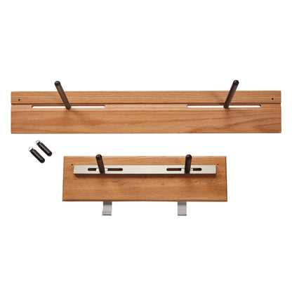 The AliMed Shifter Storage Wall Hanger, featuring two wooden panels with metal arms for hanging, and additional hardware.