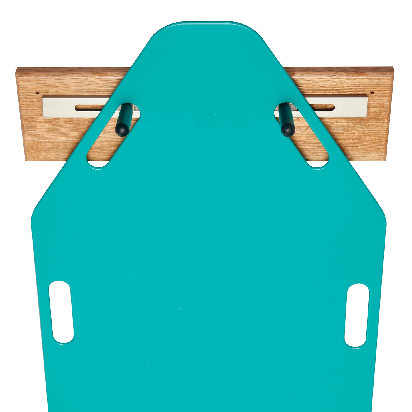The AliMed Shifter Storage Wall Hanger, featuring a teal board with wooden wall mounting and slots for hanging.