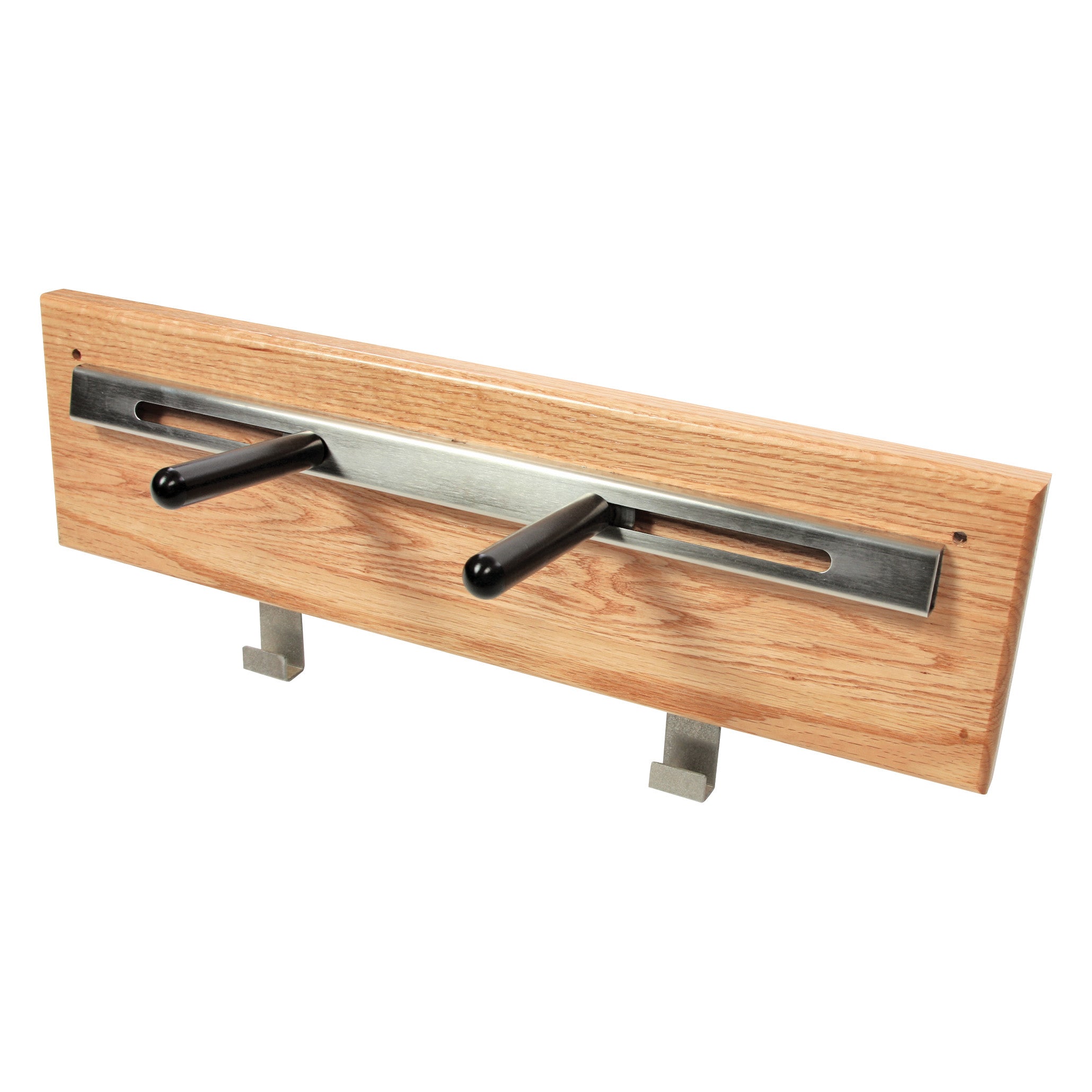 An AliMed Shifter Storage Wall Hanger, featuring a wooden base with two metal rods and two hooks for hanging.