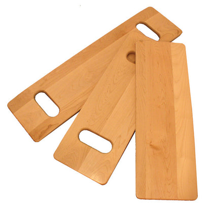 Three AliMed Maple Transfer Boards with rounded edges and hand slots are arranged overlapping each other.