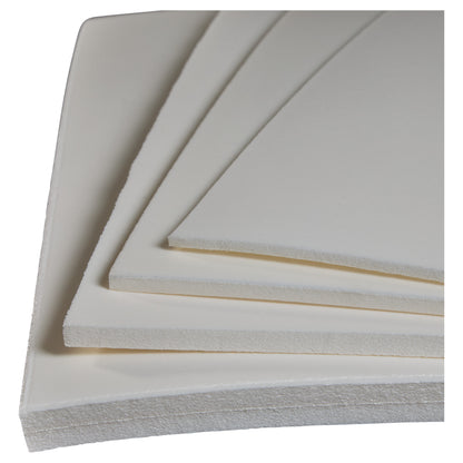 Stack of white foam sheets, labeled AliMed AliPlast 4E, showing different thicknesses and smooth textures.