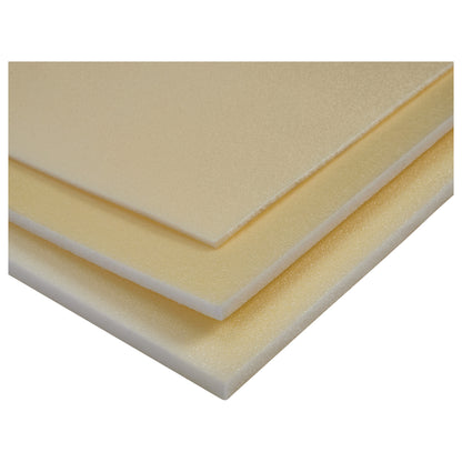 Three stacked, thin sheets of AliMed AliPlast XPE foam in varying beige tones, showing texture and smooth edges.