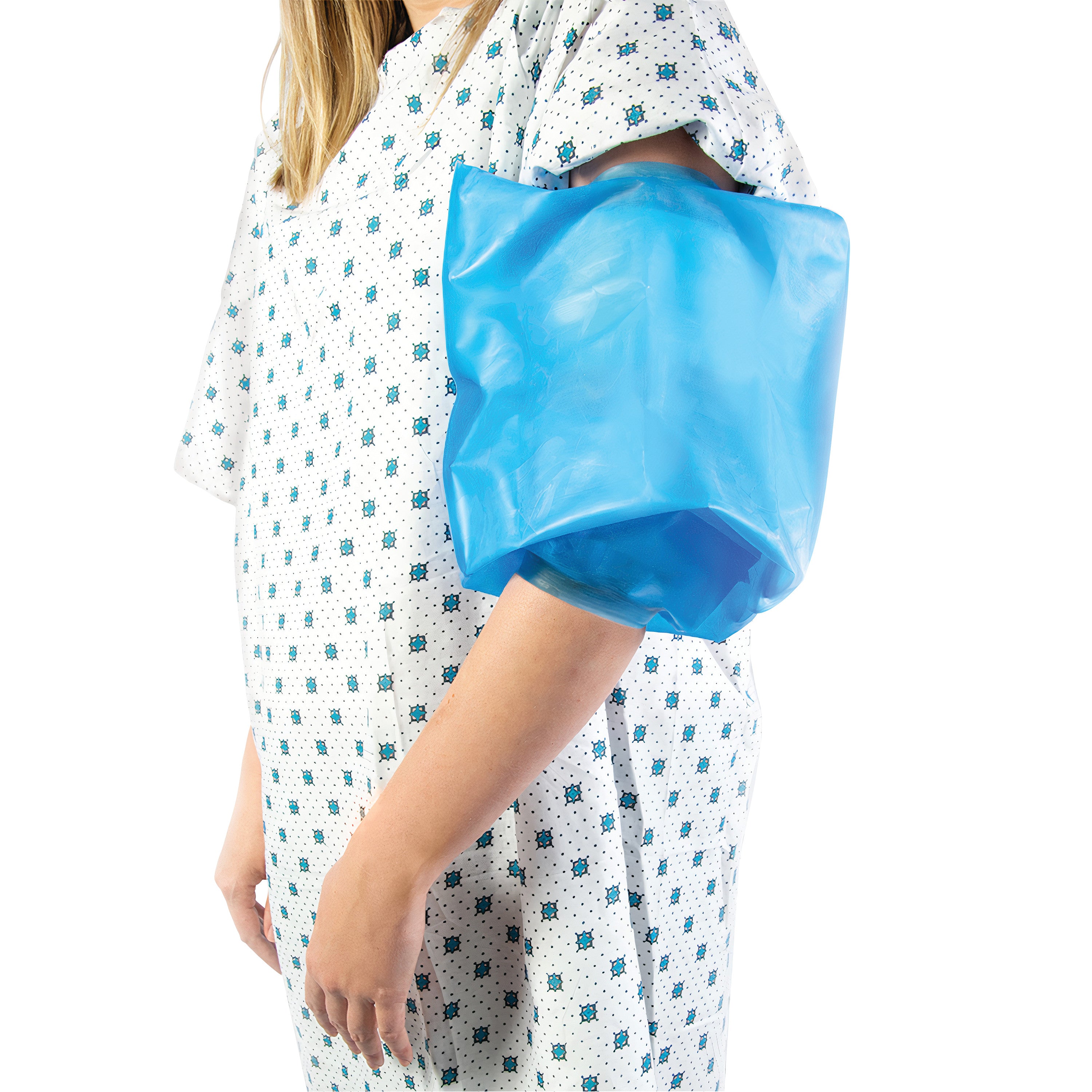 A person wearing a hospital gown uses a Brownmed SEAL-TIGHT Mid-Arm Protector on their arm. The protector is blue and waterproof.