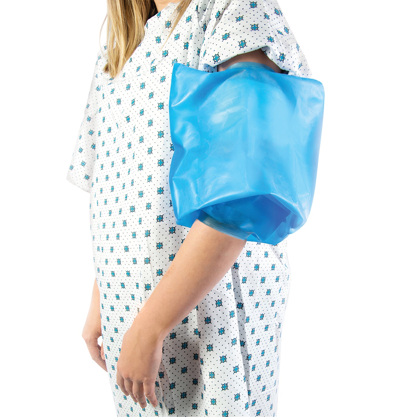 A person wearing a hospital gown uses a Brownmed SEAL-TIGHT Mid-Arm Protector on their arm. The protector is blue and waterproof.