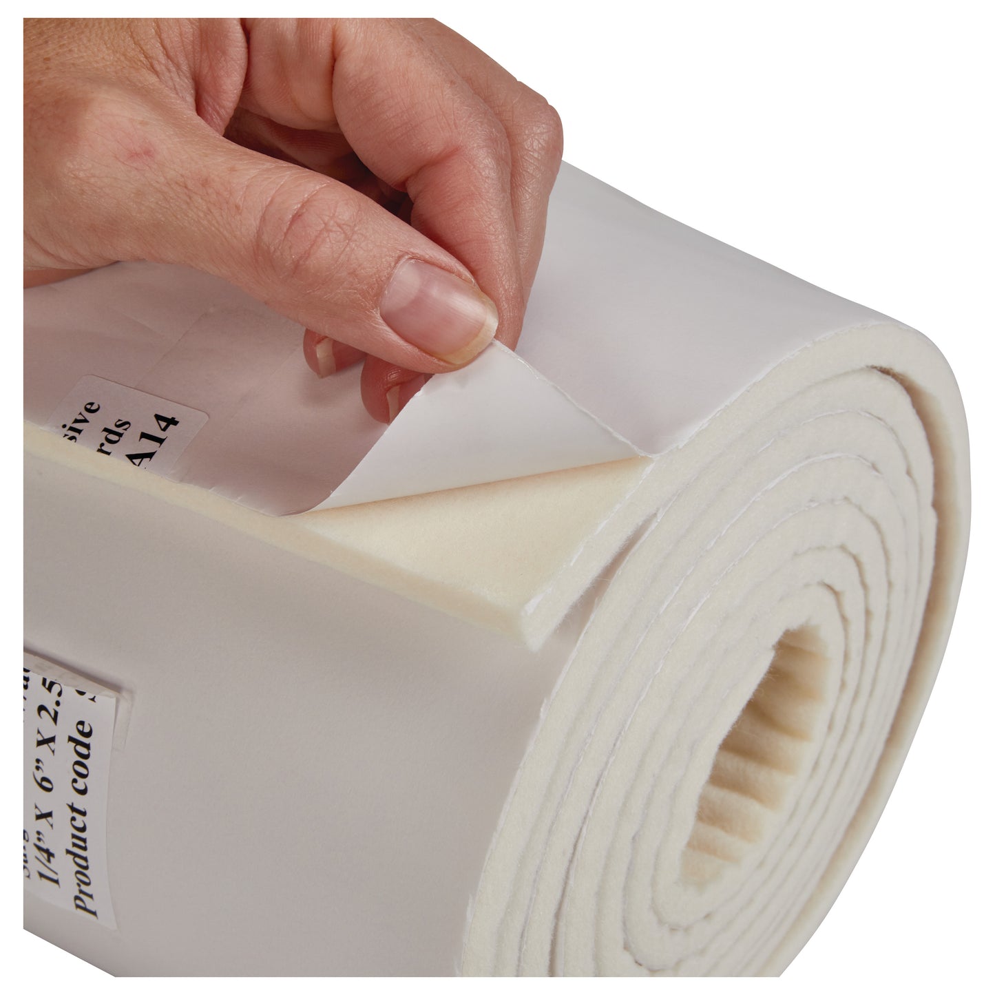 A hand peels the backing from a roll of Orthopedic-Grade Felt Padding, revealing the adhesive side beneath.
