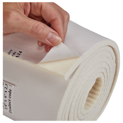 A hand peels the backing from a roll of Orthopedic-Grade Felt Padding, revealing the adhesive side beneath.