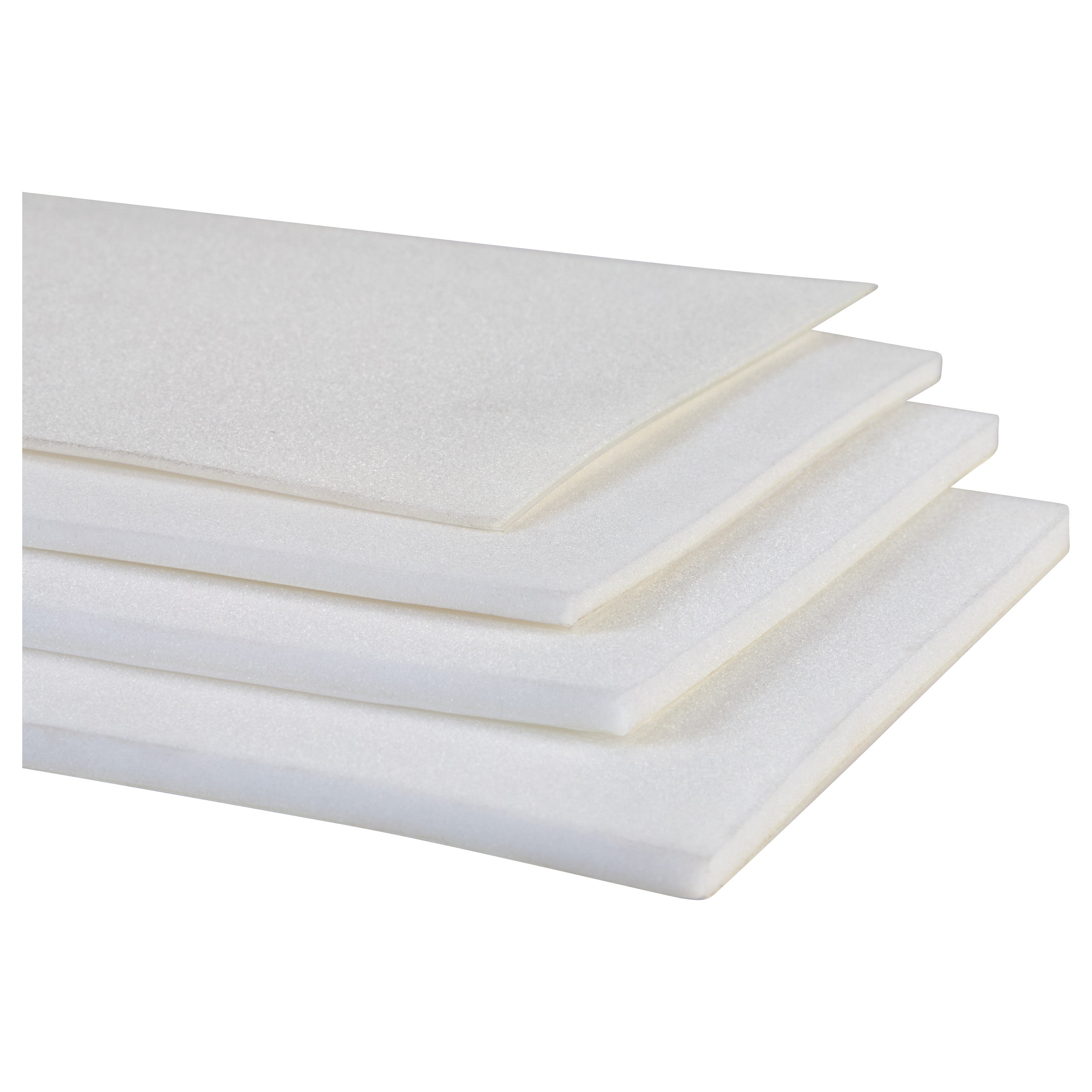 Stacked sheets of AliMed Plastazote Self-Stick Padding in white, featuring a smooth texture.