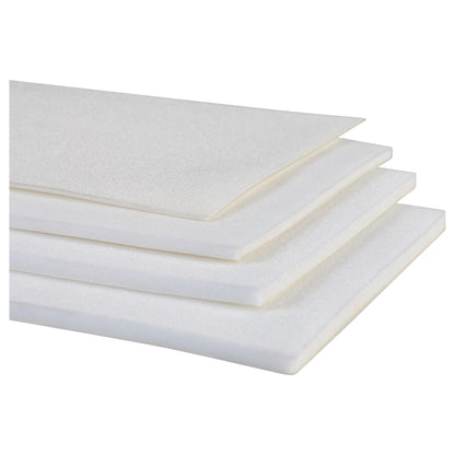 Stacked sheets of AliMed Plastazote Self-Stick Padding in white, featuring a smooth texture.