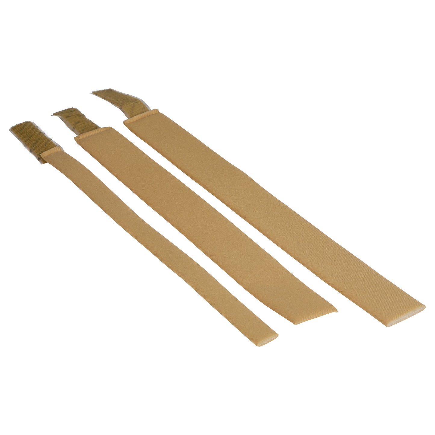 Three tan AliMed Beta Pile II Self-Adhesive Straps of varying lengths, featuring angled ends and self-adhesive surfaces.