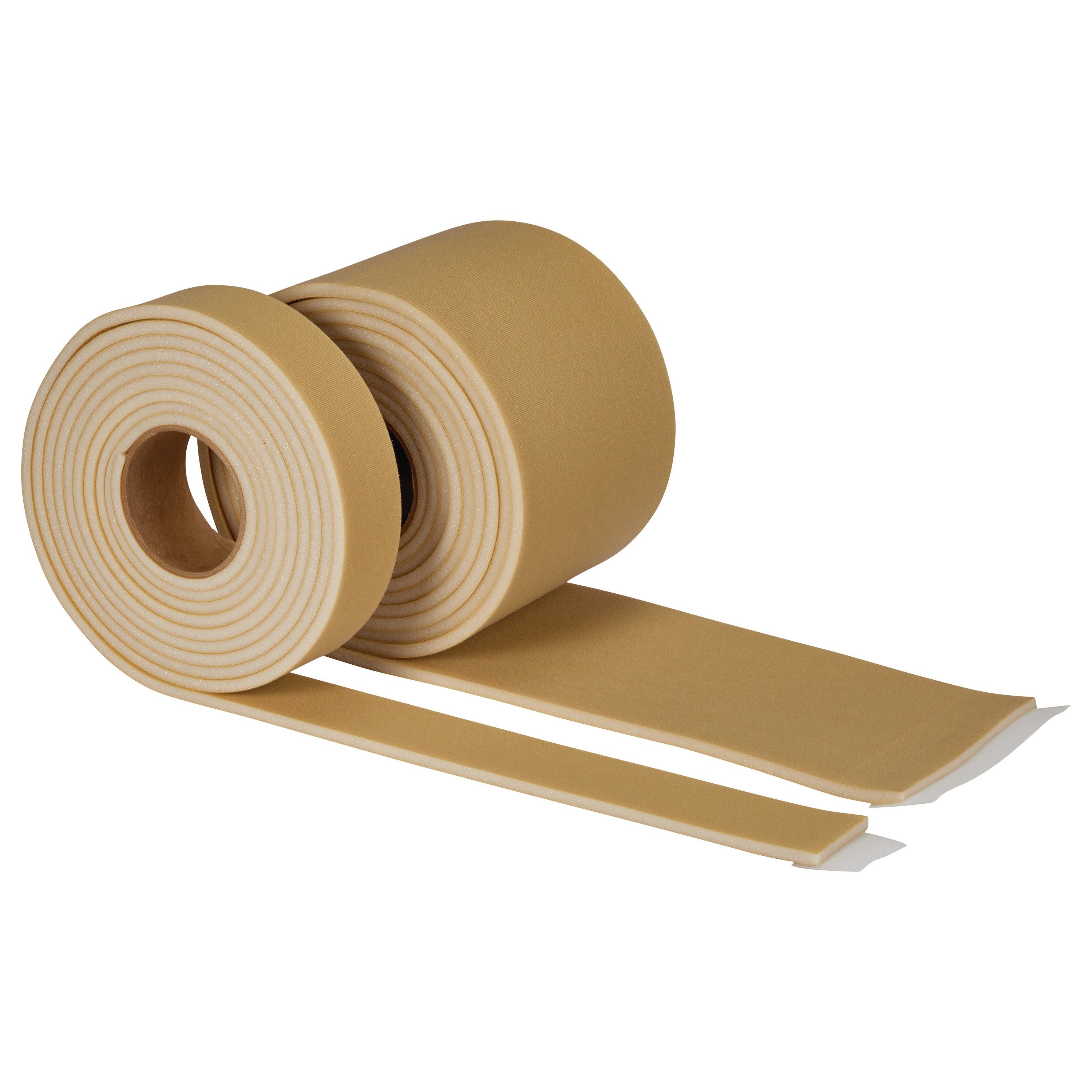 Two rolls of Velfoam #2 Padded Loop, with one partially unrolled, showcasing its beige foam texture.
