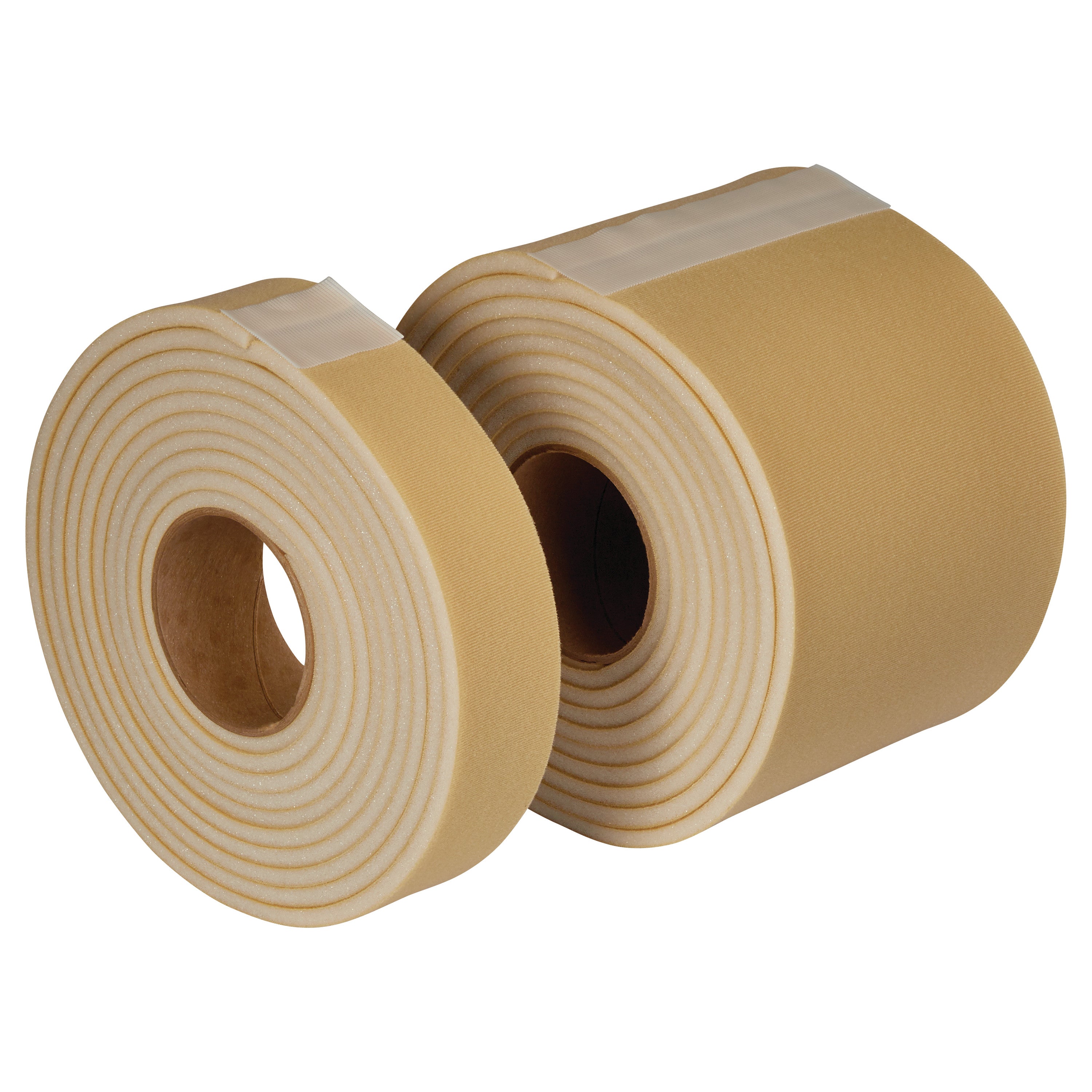 Two rolls of Velfoam #2 Padded Loop tape in beige, featuring thick, cushioned layers with adhesive backing.