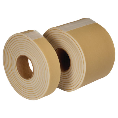 Two rolls of Velfoam #2 Padded Loop tape in beige, featuring thick, cushioned layers with adhesive backing.