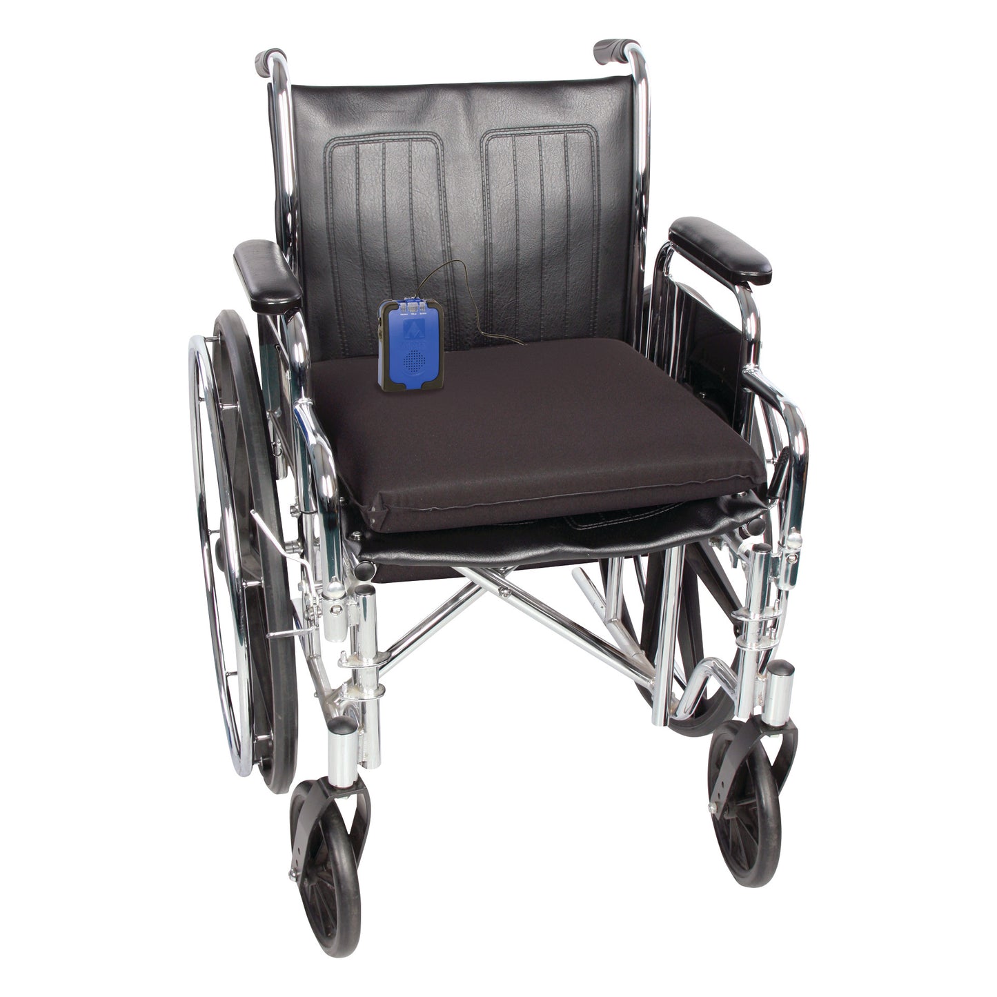 A wheelchair features the AliMed Sensor Cushion on the seat. A blue control unit is attached to the cushion.