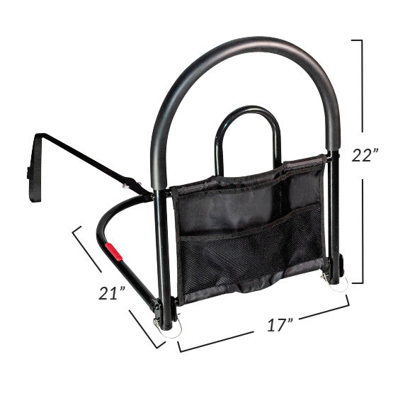 A Bed Rail Advantage Traveler, a black metal bed rail with a pouch. It measures 22' high, 21' deep, and 17' wide.