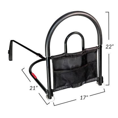 A Bed Rail Advantage Traveler, a black metal bed rail with a pouch. It measures 22' high, 21' deep, and 17' wide.