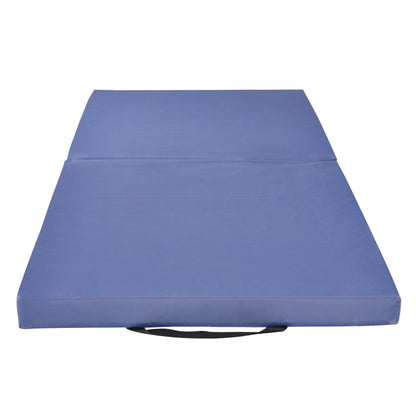 The AliMed Economy Bi-Fold Bedside Fall Mat with Handles is shown open, featuring a blue surface and a carry handle.