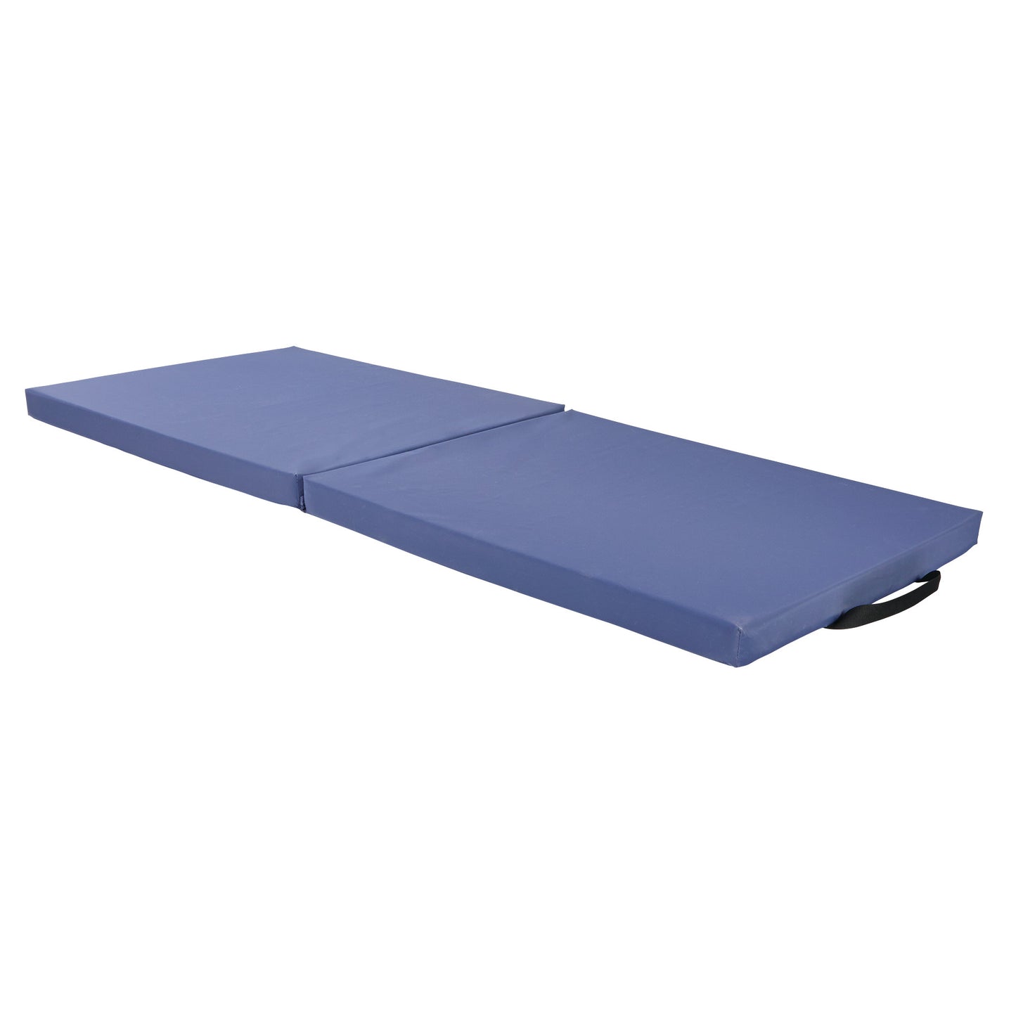 The AliMed Economy Bi-Fold Bedside Fall Mat with Handles is shown unfolded. It is blue with a black handle on one side.
