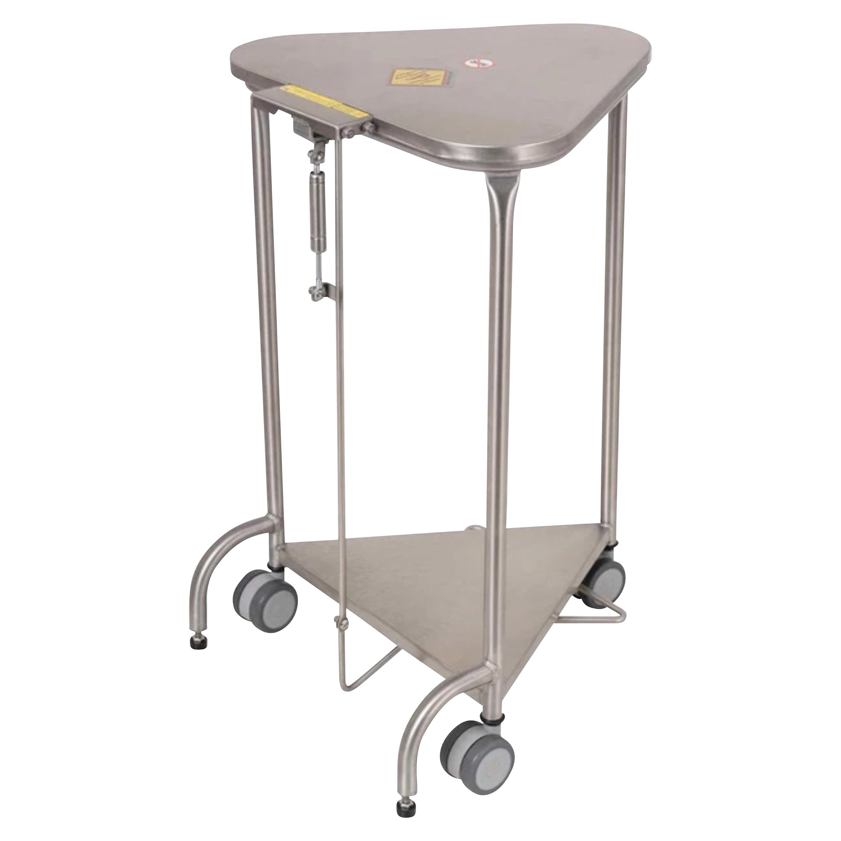Stainless Steel Triangular Hamper with Lid, on wheels, features a triangular design with a lid and sturdy metal frame.
