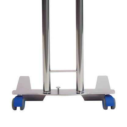 The base of the Pedigo Double-Post Mayo Stand with chrome posts and blue wheels on a flat metal platform.