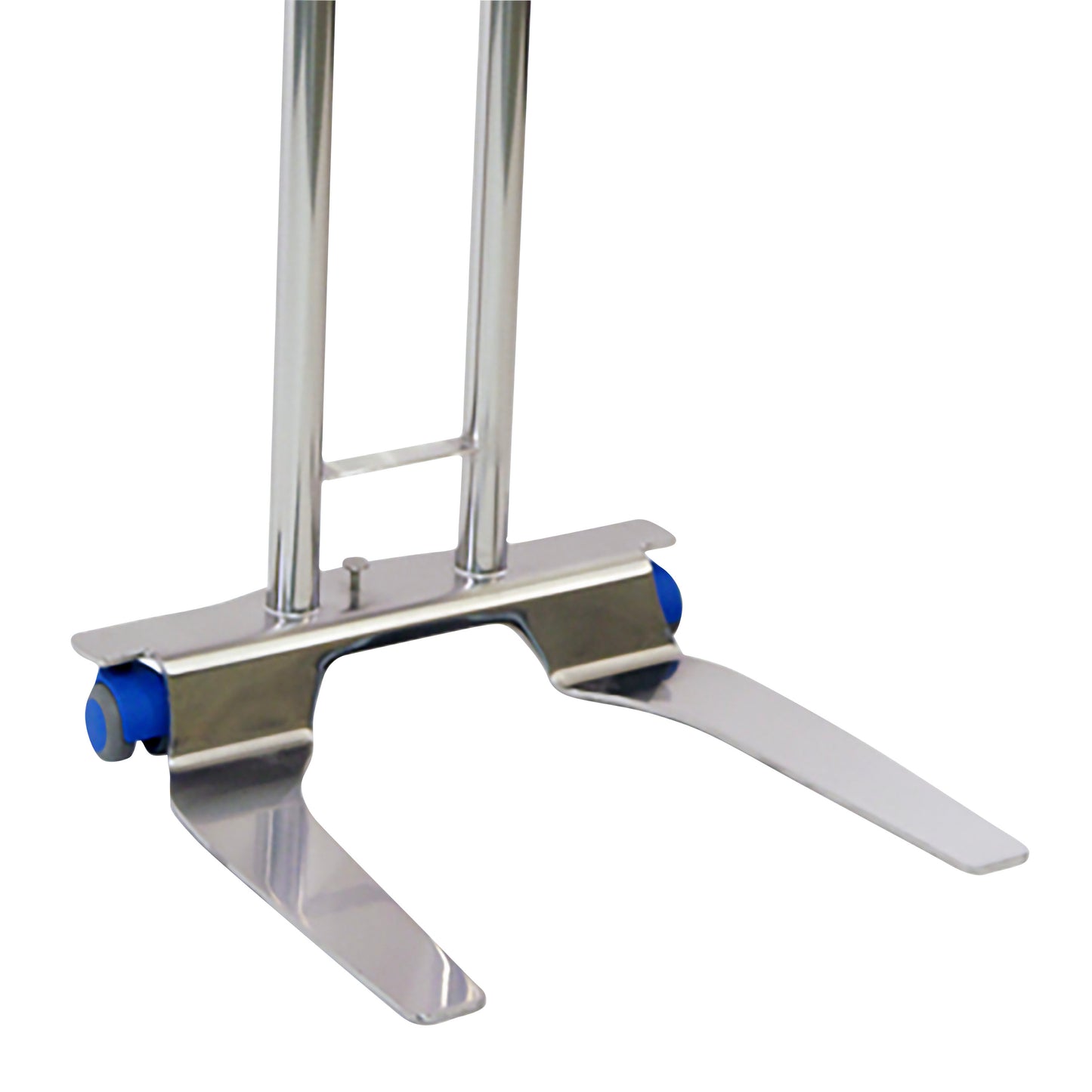 The Pedigo Double-Post Mayo Stand base, featuring a stainless steel frame and two blue wheels.