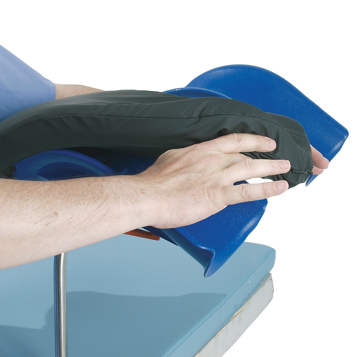 A person's hand is shown adjusting the AliMed Knee Crutch, which has a blue curved pad supported by a metal pole.