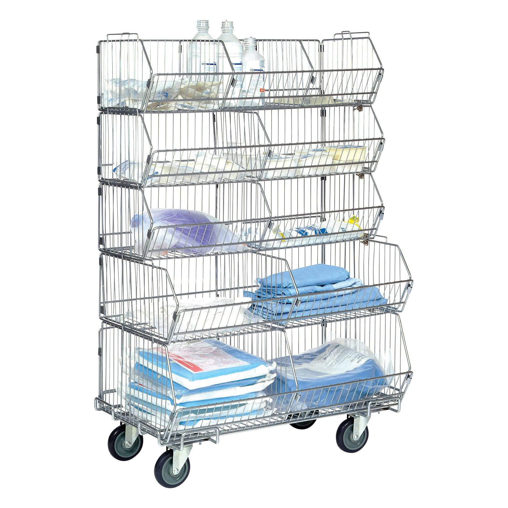 Wire Bin for Nexel Wire Bin Shelving, featuring a multi-tiered design with items like bottles and folded linens on wheels.