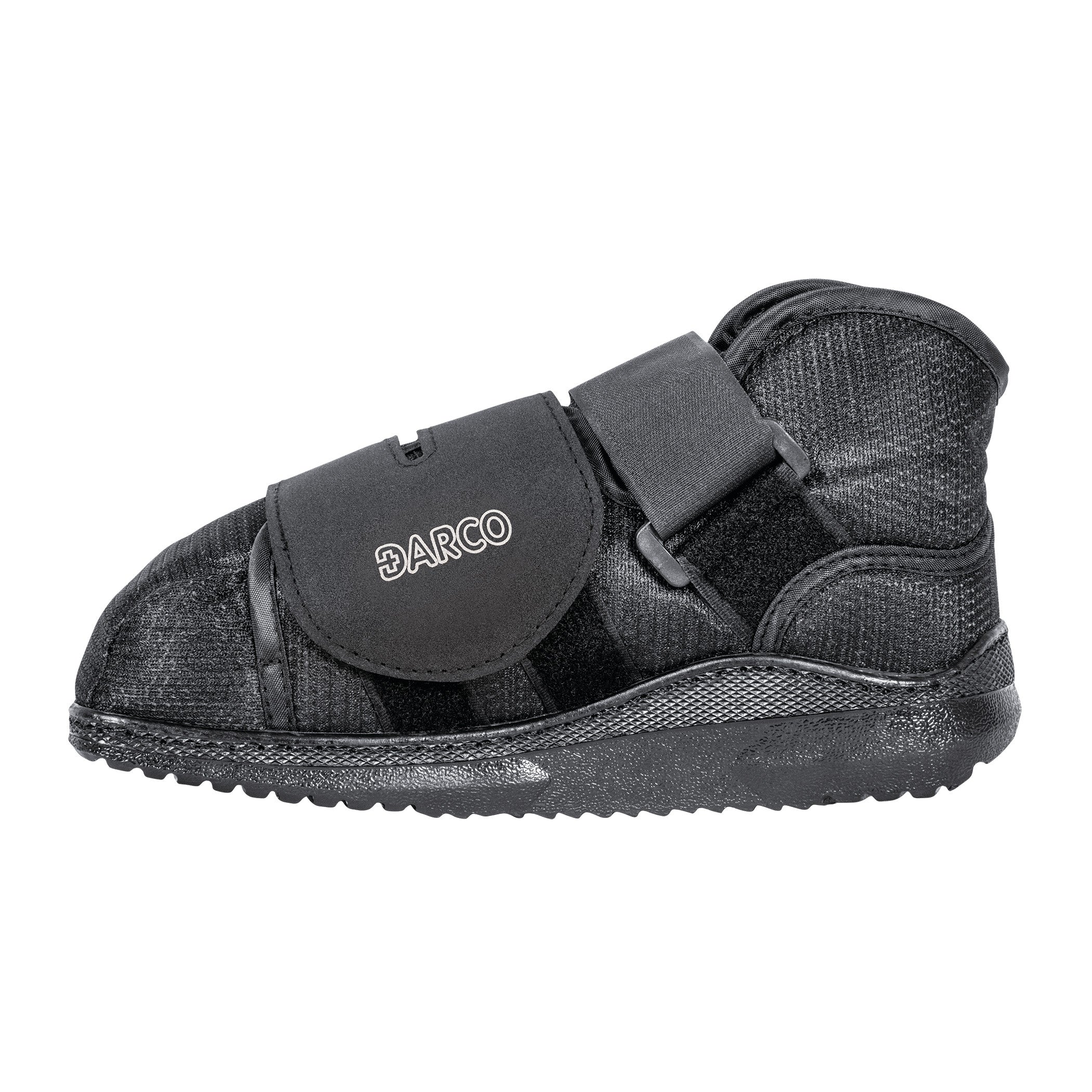 A DARCO APB Shoe, a black orthopedic shoe with straps and a rounded sole for foot support.