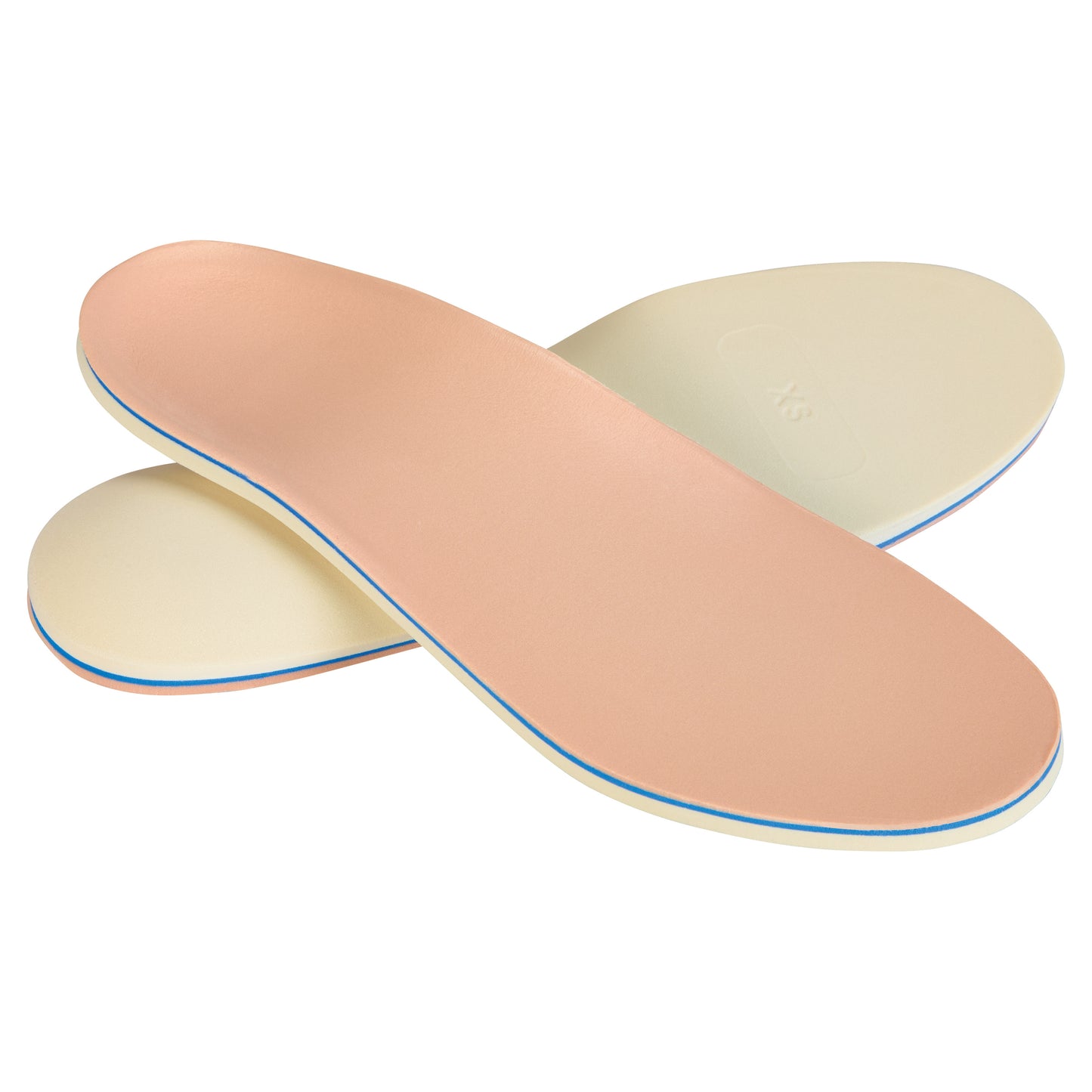 A pair of AliMed FREEDOM Trilaminate 1 Diabetic Insoles in light pink and cream colors, designed for cushioning and support.