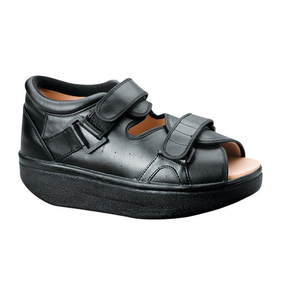 The DARCO Open Toe Wound Care Shoe System, featuring a black design with adjustable straps and an open toe.
