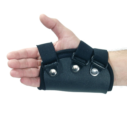 A hand wearing the AliMed FREEDOM Comfort Boxer's Fracture Orthosis with MP Extension, featuring three straps and metal snaps.