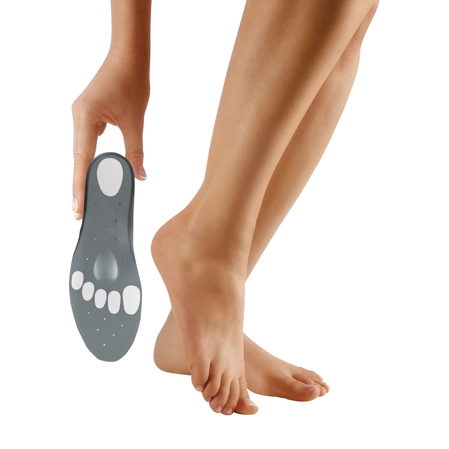 A person holds a Bauerfeind ViscoPed Insole next to bare feet. The insole has white padded spots for toes and heel support.