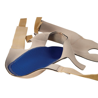 The AliMed FREEDOM Soft Footdrop Brace with beige straps and a blue interior, designed for ankle support.