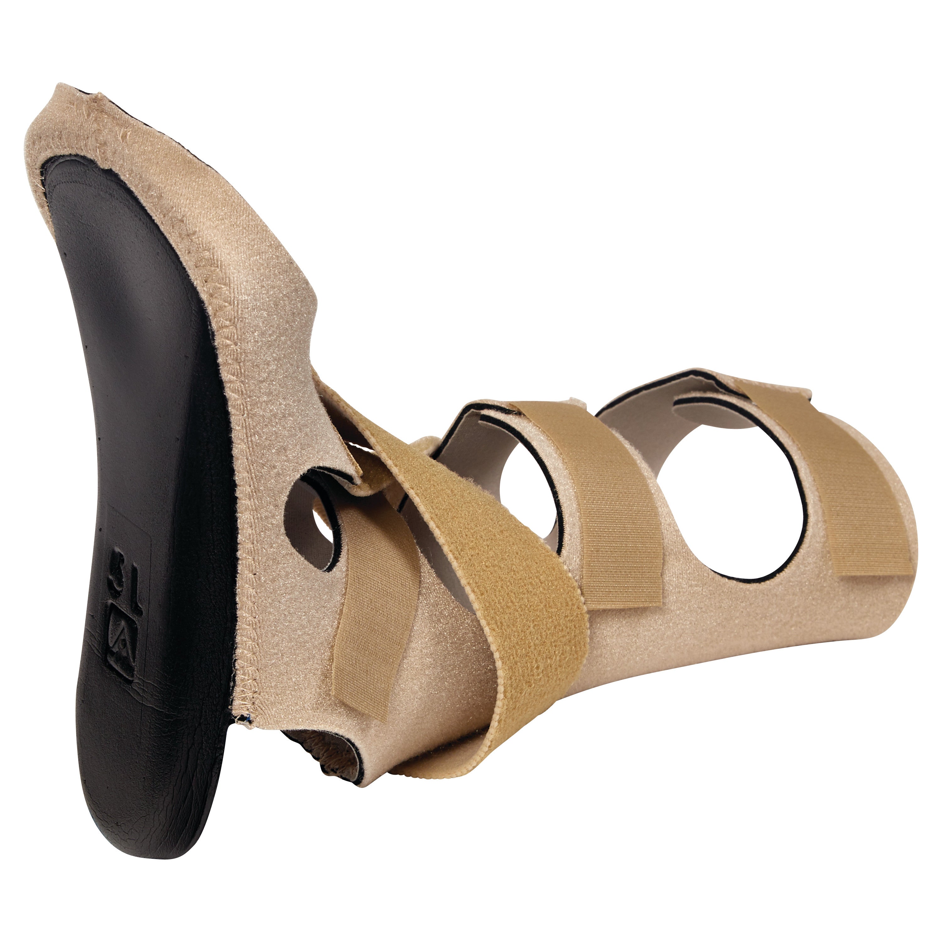 An AliMed FREEDOM Soft Footdrop Brace, featuring a beige open-frame design with adjustable straps and a black sole.