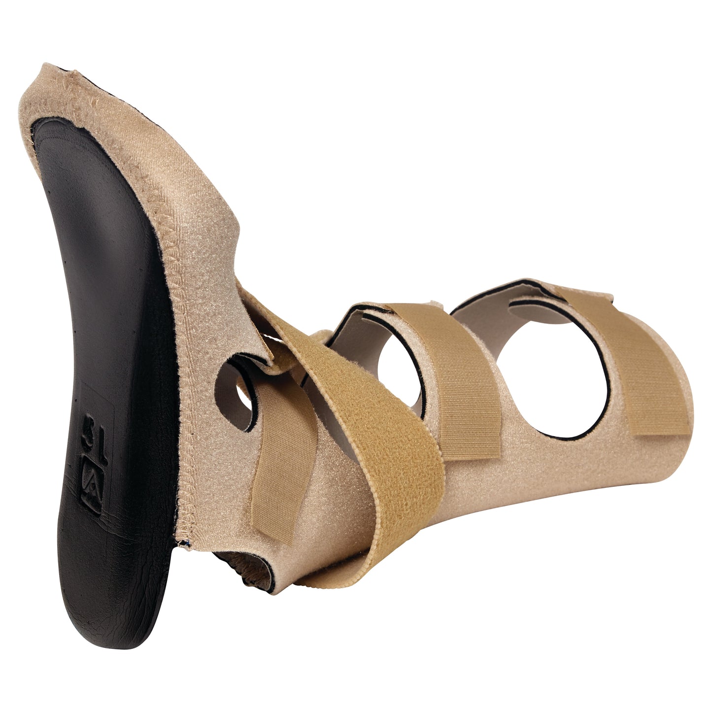 An AliMed FREEDOM Soft Footdrop Brace, featuring a beige open-frame design with adjustable straps and a black sole.